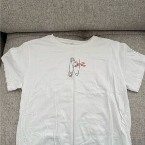 White T-Shirt with Safety Pin and Bow Design